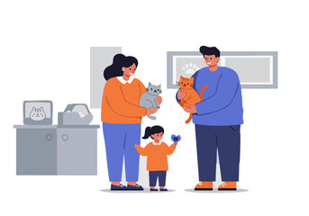 A joyful family celebrates a pet adoption moment, holding two kittens. Warm colors and a bright, inviting home setting create a heartwarming scene. Ideal for family, pet, and adoption-themed visuals.