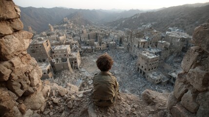 A child from Taiz City sitting on the ruins of their home, depicting the tragedy of war in Yemen