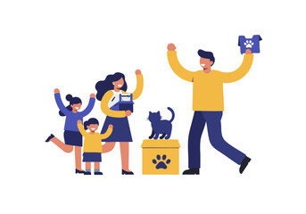 A joyful family celebrates a pet adoption moment! A man and woman embrace, children cheer, and a cat sits proudly in a box. Bright, modern illustration.
