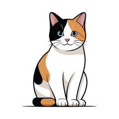 Calico Cat Cartoon Illustration – Cute Sitting Kitty with Black, Orange and White Fur isolated on White Background
