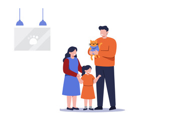 A joyful family celebrates pet adoption! A man holds a cat, while a woman and two children smile, showcasing a heartwarming moment. Modern illustration style.