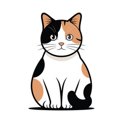 Calico Cat Cartoon Illustration – Cute Sitting Kitty with Black, Orange and White Fur isolated on White Background
