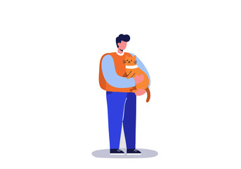 A man lovingly cradles a rescue cat, symbolizing compassion and adoption. Clean, modern illustration with a soft color palette. Perfect for campaigns promoting animal rescue.