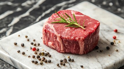 Raw tenderloin steak on a marble slab