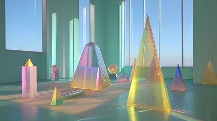 Iridescent Glass Geometric Shapes in Modern Room