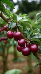 Obraz premium Delicious looking dark red cherries on tree branch amidst green leaves growing in garden environment