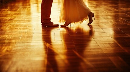 Couple dancing on polished floor at sunset