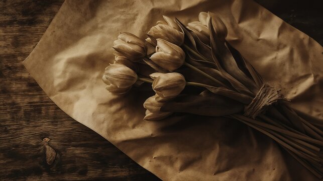 Tulip bouquet wrapped in brown paper on wood