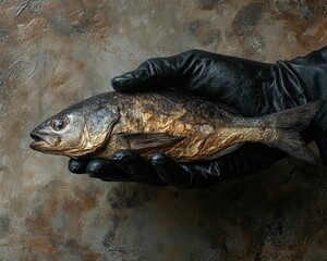 A black glove tightly holding a dried fish, with shadows enhancing the dramatic effect