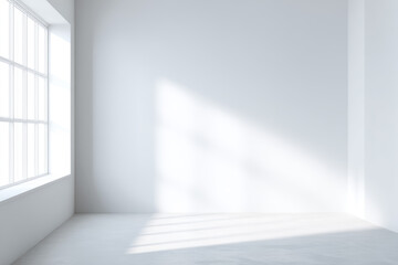 Fototapeta premium Bright, minimalistic interior space with large window and soft sunlight illuminating the walls