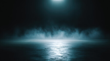 Obraz premium Mysterious night scene with fog and light illuminating a dark background and reflective surface