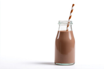 Chocolate milk in a glass bottle with a striped straw on a white background