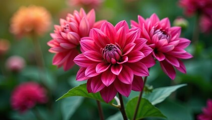 Obraz premium Intricate dahlia blooms, vibrant petals, lush foliage, red, botanical, decor