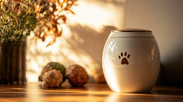 Ceramic pet urn with paw print on wooden table