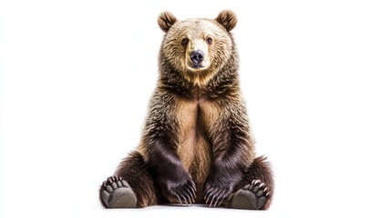 A fluffy brown bear sitting upright, with a playful expression, on a white background