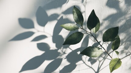 abstract natural tree leaves shadows on white wall background