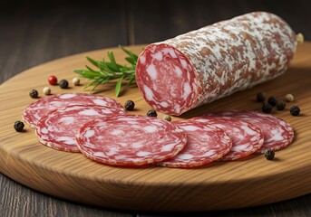 A salami log and slices arranged on a wooden board with rosemary and peppercorns on a dark background
