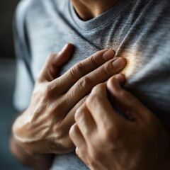 Fototapeta premium Myocardial infarction cardiac arrest diagnosis recovery. Chest pain treatment. Blood clot medical imaging. Close-up of hands over a chest, indicating emotion or distress.