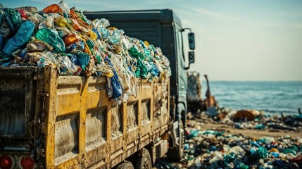 Garbage truck unloading plastic at polluted beach shore