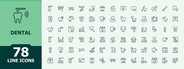 Dental icon set. Dental Clinic icon collection. Minimal linear icons. Pictograms of dentistry, medical, teeth, doctor, treatment, tooth and more. Art and illustration.