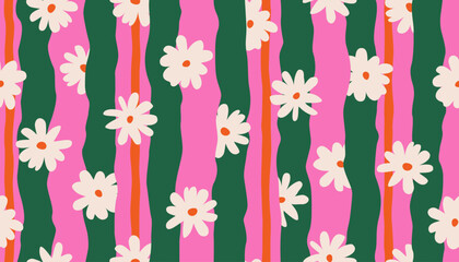 Trendy floral seamless pattern with vertical stripes. Modern flowers print design for fabric, textiles, clothing, packaging, cover, banner, home decor and backgrounds. Vector illustrations.