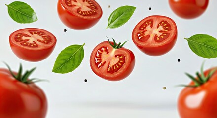 Fototapeta premium Falling Tomatoes Basil Leaves Fresh Food Ingredients for Pizza Recipe