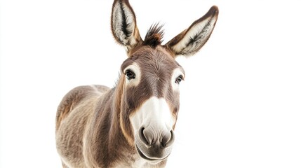 A friendly donkey standing with its ears perked up, looking inquisitive, on a white background