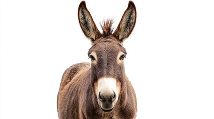 A friendly donkey standing with its ears perked up, looking inquisitive, on a white background