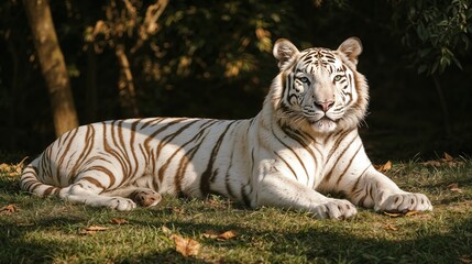 Fototapeta premium White Bengal tiger lying on grass in forest sunlight