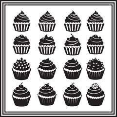 Cupcake silhouettes collection – vector set of decorated cupcakes with frosting, cherries, sprinkles, and toppings – bakery dessert icons for pastry, sweets, and celebration design