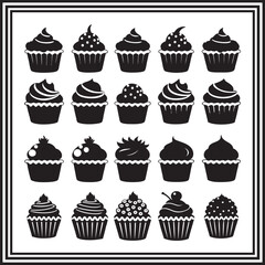 Cupcake silhouette collection – vector set of decorated cupcakes with frosting, sprinkles, cherries, and toppings – dessert icons for bakery, pastry shop, sweets illustrations
