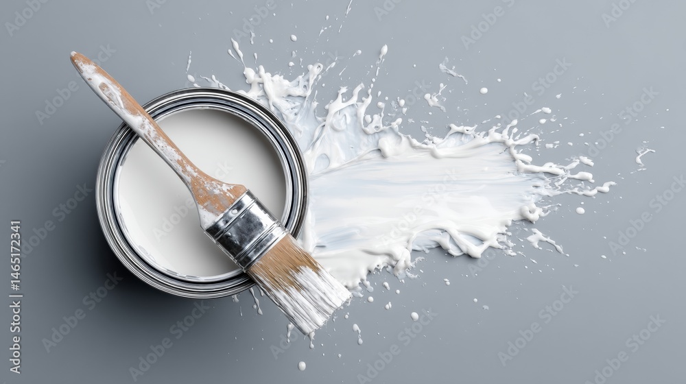 Aufkleber Creative Splash of White Paint With a Brush and Can on Gray Surface During an Artistic Project in a Home Workshop Generative AI