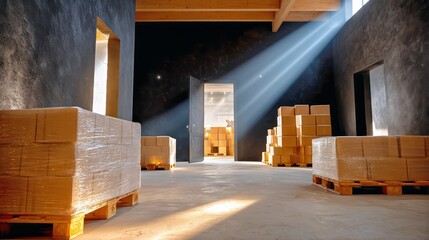 Bright Sunlight Streaming Into a Warehouse Filled With Stacked Boxes and Wooden Pallets in a Spacious Area