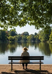 Serene Lakeside Contemplation: A Woman Finds Peace by the Tranquil Water's Edge