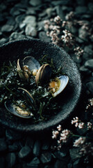 Artistic seafood plating with shellfish, sauce and greens for elegant intro