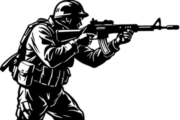Soldier aiming black silhouette in side profile with transparent background, soldier, army, military, silhouette, side profile, aiming, rifle, gun, weapon, vector, illustration, war, combat, defense