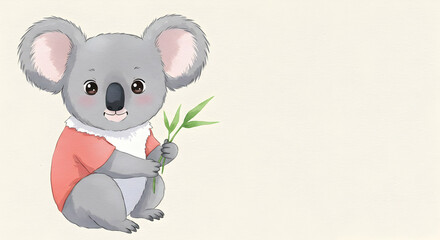 Adorable cartoon koala holding bamboo in a light background