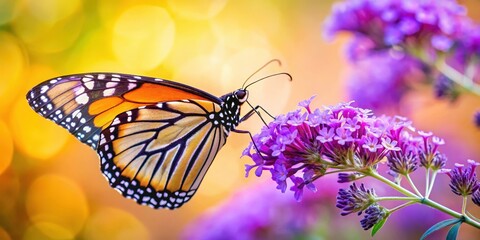 A delicate monarch butterfly sipping nectar from a vibrant purple flower with intricate details and soft focus background , monarch, floral