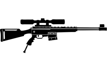 Sniper rifle with suppressor black silhouette design on white background, sniper rifle, rifle, suppressor, silhouette, weapon, firearm, gun, vector, military, design, war, army, equipment, shooting
