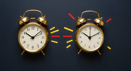 Vintage Alarm Clocks with Colorful Elements on Dark Background