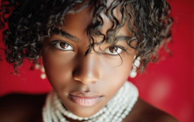 Fototapeta premium Close-up Portrait of a Young Girl With Curly Hair and Pearl Accessories Against a Vibrant Background