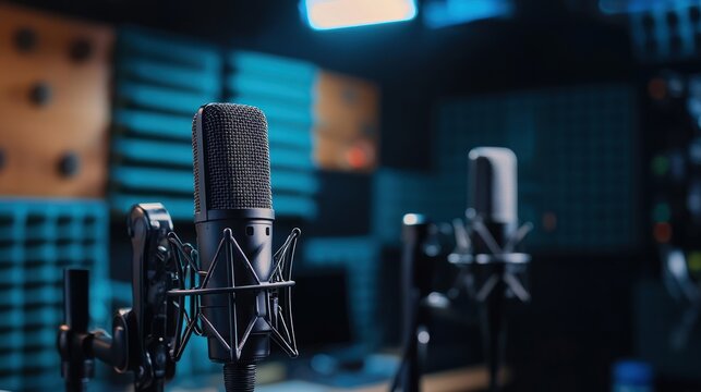 Podcast recording with professional microphones and soundproofing