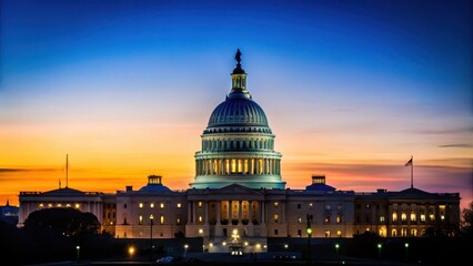Fototapeta premium Dark blue sky with the Capitol Building at sunset during blue hour, silhouette, nighttime, silhouette, nighttime