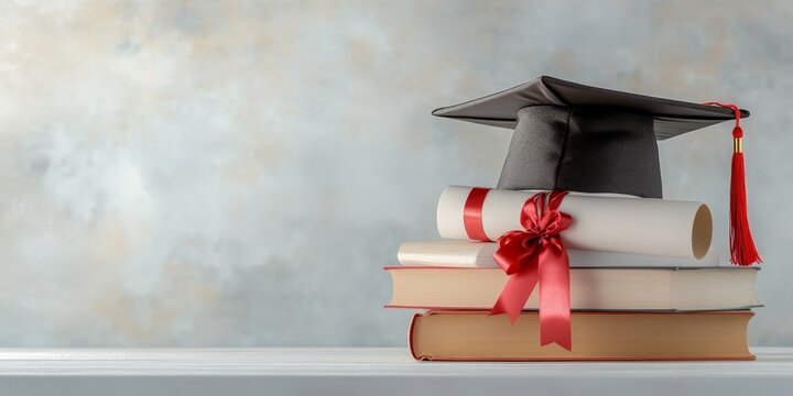 Graduation Cap and Diploma with Books