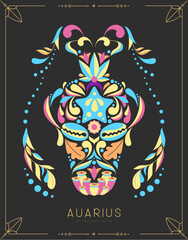 Obraz premium Modern magic witchcraft card with astrology Aquarius zodiac sign with floral ornament. Vector illustration