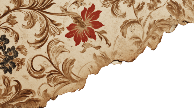 Vintage floral wallpaper design with torn edge isolated on white background