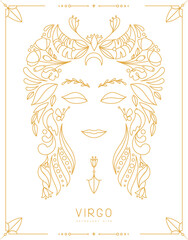 Modern magic witchcraft card with astrology Virgo zodiac sign with floral ornament. Line art vector illustration