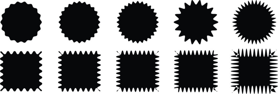  Geometric shapes Black silhouette scalloped frames. Geometric shapes stickers with zigzag wavy edge. Set of frames with zigzag edge,Wave zigzag dividers. Undulating zig zag round frame