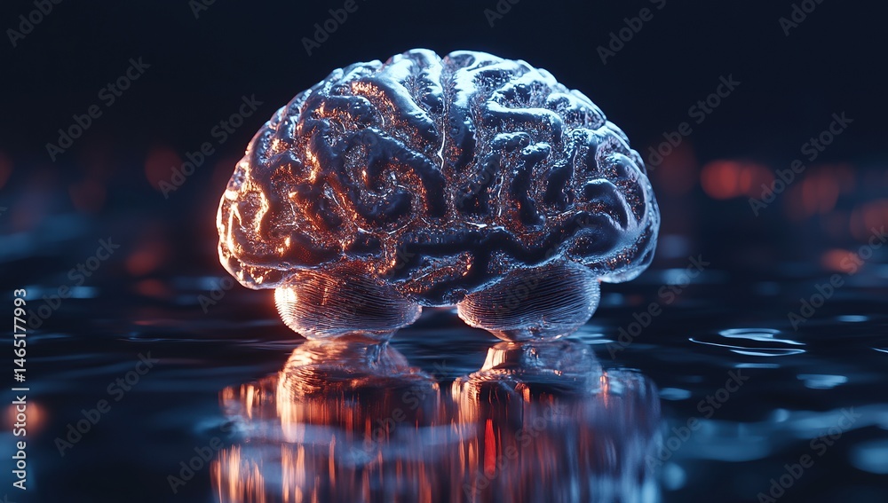Poster 3d render of a brain with intricate details, centered on a reflective surface with soft lighting