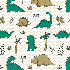 Hand drawn dinosaur pattern collection. Cute dinosaur design set. Perfect for kids fabric, textile, nursery wallpaper. Vector illustration.